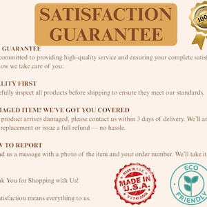 Pu&ograve; includere: Grafica beige con la scritta "SODDISFAZIONE GARANTITA". Dettaglia la garanzia, i controlli di qualit&agrave; e come segnalare i problemi. Include i sigilli "MADE IN U.S.A." e "ECO FRIENDLY", e un sigillo dorato con testo "100%".