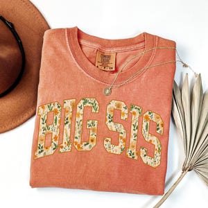 May include: A terracotta-colored t-shirt featuring the text BIG SIS in block letters filled with a floral pattern of yellow, orange, and green wildflowers. The shirt has a crew neckline and a Comfort Colors brand label at the inner collar.