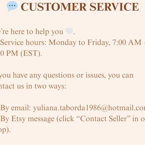 Peut inclure: Graphique beige avec les mots "CUSTOMER SERVICE" en haut. Le texte indique "Nous sommes l&agrave; pour vous aider" et fournit les heures de service de 7h00 &agrave; 17h00 (EST), du lundi au vendredi. Les coordonn&eacute;es sont fournies par e-mail et message Etsy.