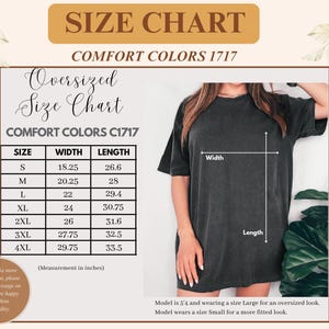 May include: A size chart for Comfort Colors 1717 t-shirts, featuring a table with width and length measurements in inches for sizes S through 4XL. The chart includes a visual guide on a black t-shirt showing where width and length are measured.