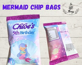 May include: Printable chip bag labels featuring a mermaid illustration with a pink, blue, and white color scheme. The labels are customizable with a name and age. The text on the label reads "Chloe's 5th Birthday".