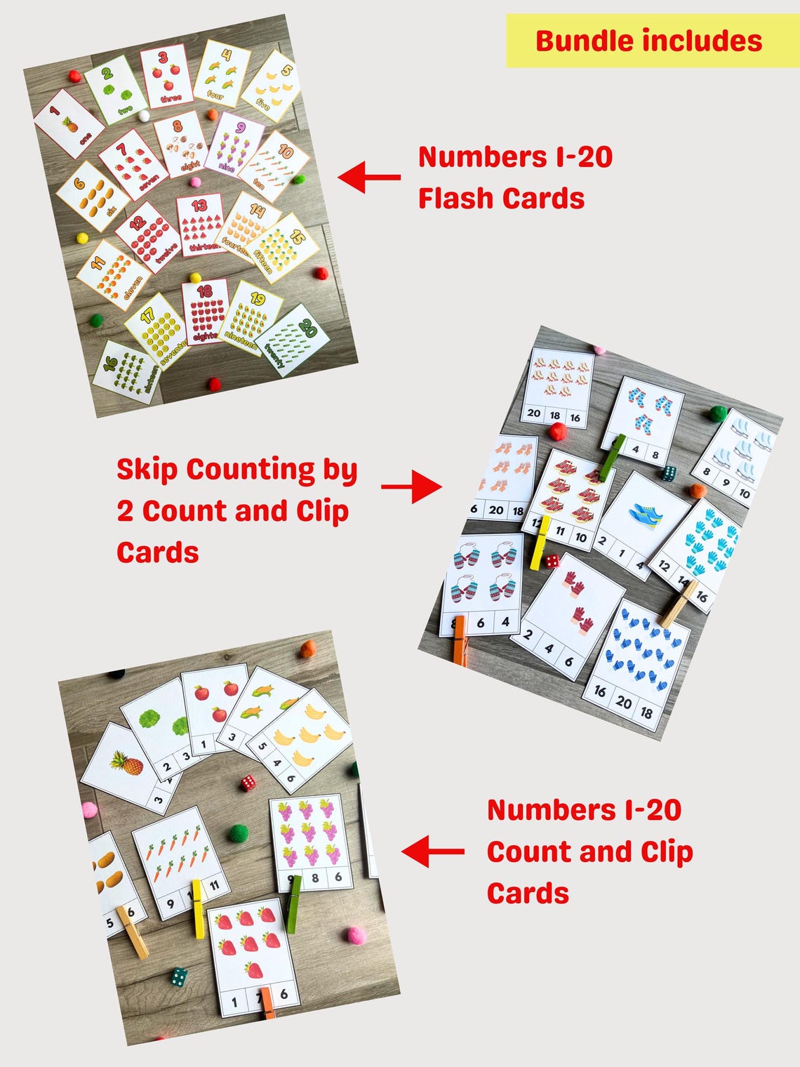 Printable Number Flash Cards 1-20 and Count and Clip Cards Bundle, Skip ...