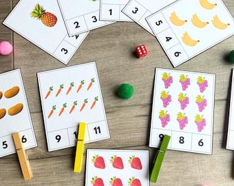 Fruits and Veggies Count and Clip Cards 1-20, Preschool Math, Number Flashcards, Counting Cards Printable, Number Flash cards, Learn Number