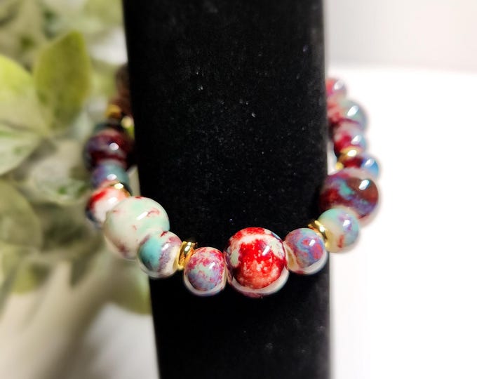 Handmade ceramic stretch bracelet, vibrant brown, red, teal beads with 14k gold filled accents, unique gift for her