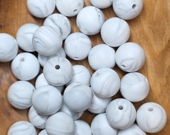White and Gray Marble print 15mm Silicone Beads for Crafting and Jewelry. Comes in various colors