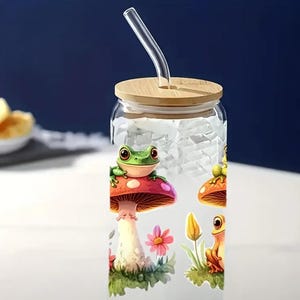 Cute frogs UV DTF Transfer Wraps for 16oz glasses, coffee mugs, water bottles and any hard surfaces.  This is for the wrap transfer only.