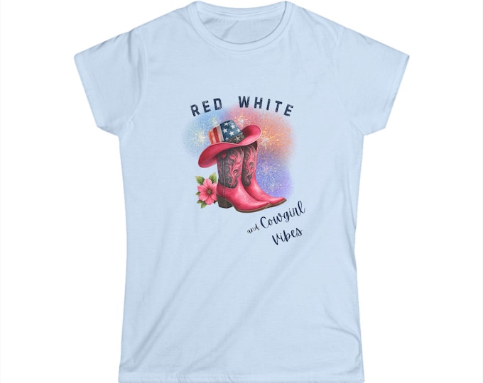 Patriotic Women's Tee, Country Western Cowgirl Shirt with Hat, Boots, Flowers, Fireworks - Fourth of July Gift, Western Rodeo Shirt,