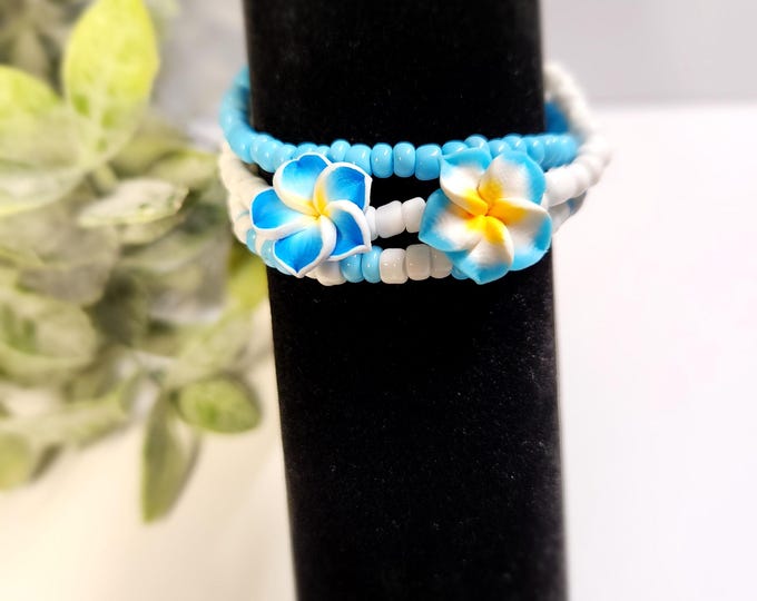 Tropical Flower Clay Polymer Charm with Glass Seeds Stretch Bracelet Set of 3