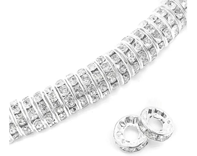 10mm Large Hole Rhinestone Spacer Beads Silver Plated Czech Crystal Rhinestone.  Comes in a 12 count bag