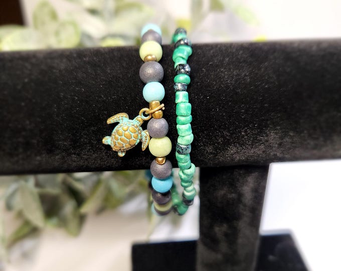 Sea Turtle Metal Charm with  Seed bead and Wood Stretch Bracelet Set of 2