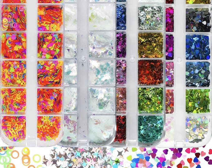 Choice of 1 Box Nail Glitter Mixed Shaped Holographic Nail Sequins Flakes Lash Decals for Nail Art.  All resin, epoxy craft needs.