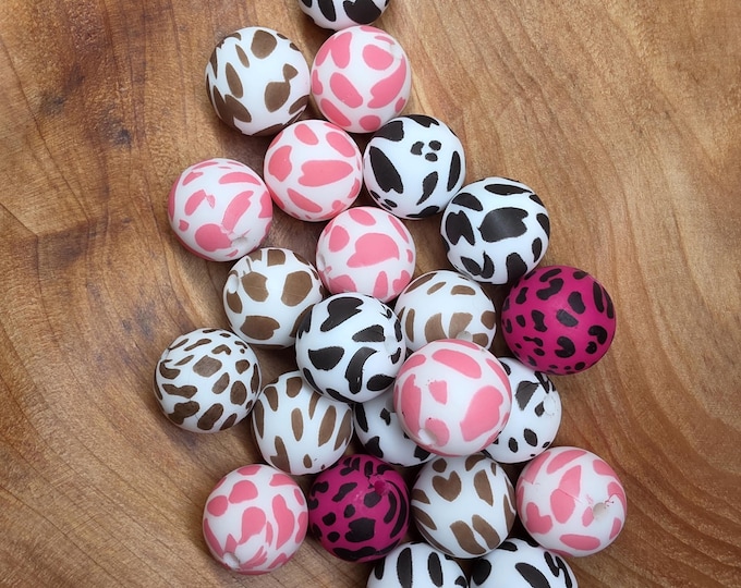 Cow print 15mm Silicone Beads for Crafting and Jewelry. Comes in various colors