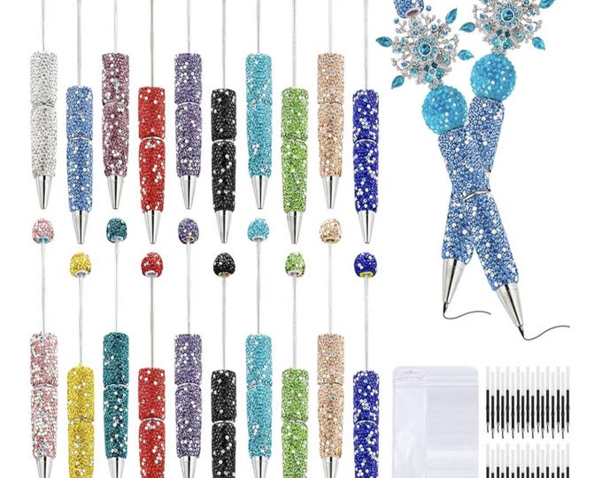 Multiple Color Rhinestone Beadable Pens. Quantity of 10 includes Refillable ink and pen zipper storage bags. Variety of styles and patterns.