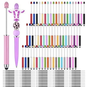May include: A collection of colorful pens with stylus tips and replacement ink cartridges. The pens feature various designs, including a pink pen with a stylus tip and a giraffe-themed pen. The pens come in a variety of colors, including pink, purple, and black.