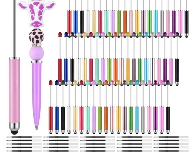 Beading Stylus/Pen Plastic 20 count, random color mix. Includes 20 black ink refills beadable pens for silicone beads, Doorables.