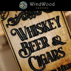Whiskey, Beer & Cigars Vertical Carved Wood Sign