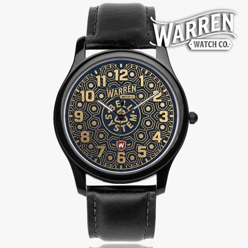 Bell System Manhole Cover Watch - Black Stainless Steel with Leather Bands image 1