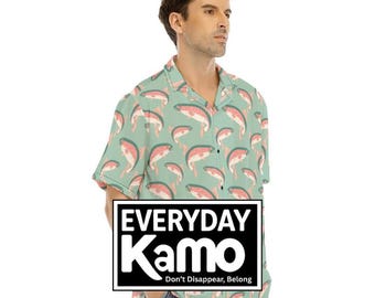 Men's Salmon Trout Hawaiian Shirt | Mint Green Fishing Aloha Shirt | Summer Short Sleeve Button Down | Angler Gift
