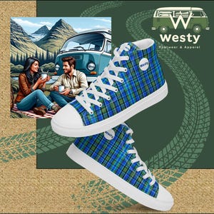 May include: A pair of high-top canvas shoes with a blue, green, and white plaid pattern. The shoes have white laces and a white sole. The shoes have a round logo with the word "Westy" on them. The shoes are on a green background with a tire track pattern.
