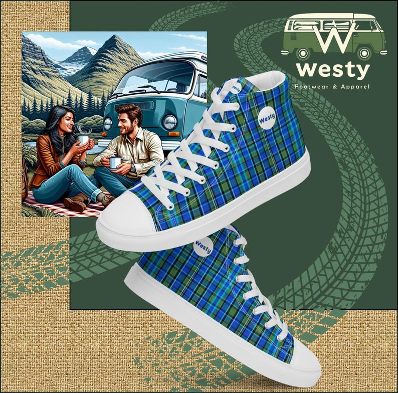 May include: A pair of high-top canvas shoes with a blue, green, and white plaid pattern. The shoes have white laces and a white sole. The shoes have a round logo with the word "Westy" on them. The shoes are on a green background with a tire track pattern.