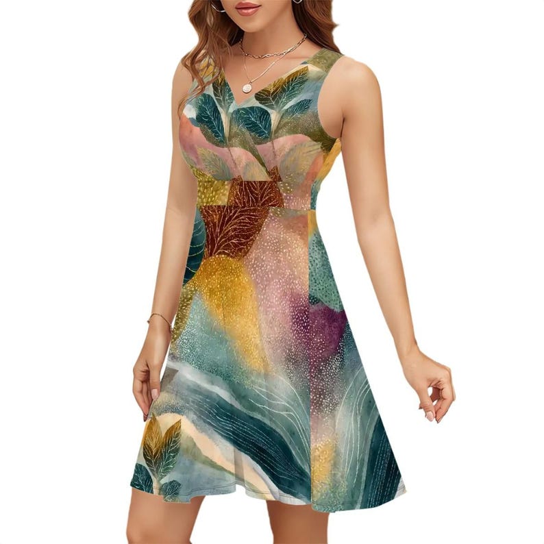 Robe Kamo abstraite à col en V pour tous les jours, tenue d'été moderne. 180 g de soie au lait image 10