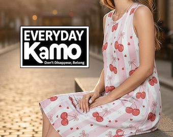 Cherry Stripe Sleeveless Dress | Pink Summer Tunic with Pockets