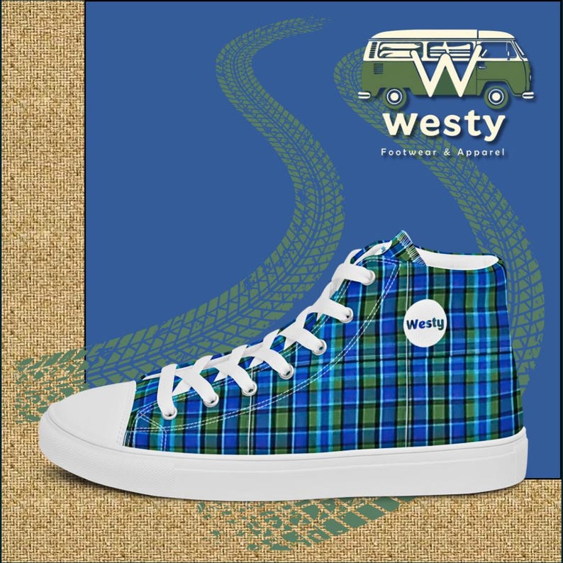 May include: High-top canvas sneakers with a blue, green, and white plaid pattern. The shoes have white laces and a white sole. The brand name "Westy" is on a white circle on the side of the shoe.