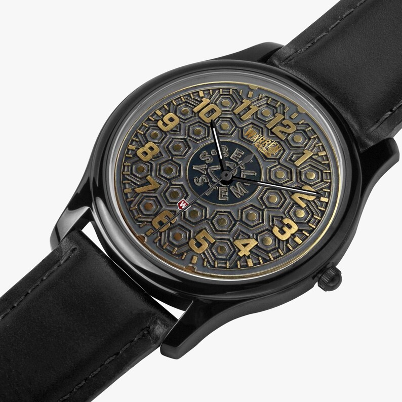 Bell Systems Manhole Cover Black Stainless Steel Watch with 3 Genuine Leather Bands - Japanese Movement image 10