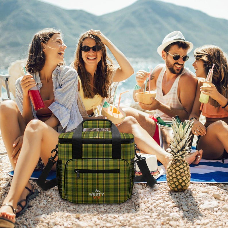 Green Plaid 30-Can Insulated Cooler Bag with Strap image 7