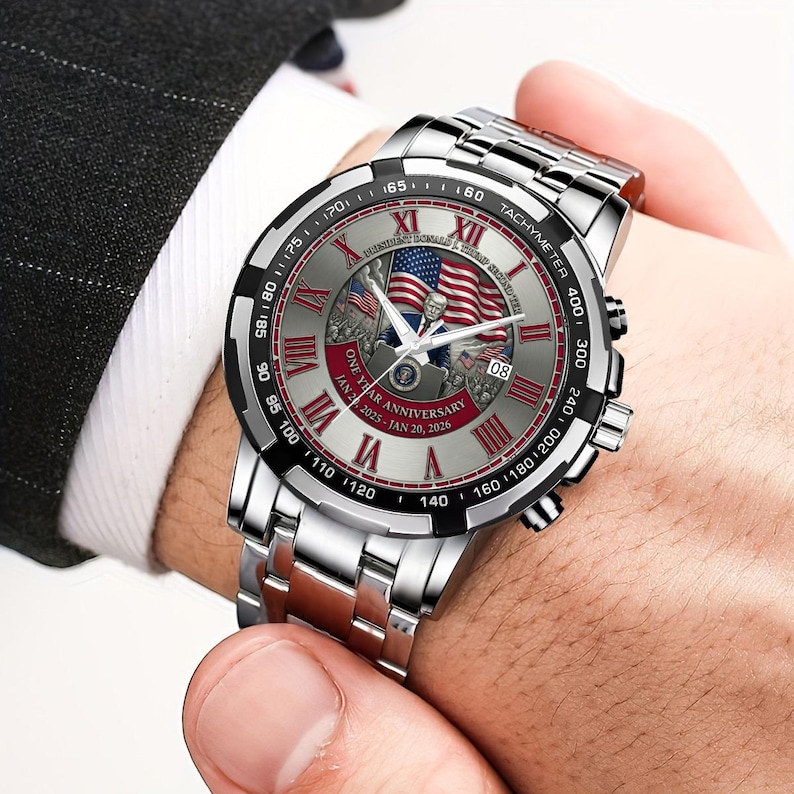 Zegarek z okazji rocznicy prezydentury Donalda Trumpa: chronograf z okazji drugiej rocznicy kadencji Donalda Trumpa z motywem flagi USA zdjęcie 4