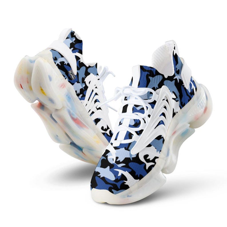 Everyday Kamo Deep Blue Shark Kamo Performance Sneakers | Men's Stylish Athletic Shoes | Comfort Fit Flying-Weave Design White ffffff