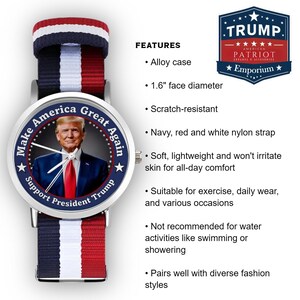 Puede incluir: Un reloj de pulsera redondo con una correa de nailon azul marino, roja y blanca. La esfera del reloj presenta un retrato de un hombre y el texto "Make America Great Again" y "Support President Trump". El reloj tiene un di&aacute;metro de 4,06 cm.