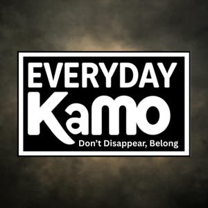 Peut inclure: Graphique rectangulaire noir et blanc avec le texte "EVERYDAY Kamo" en lettres blanches grasses. En dessous, en plus petit, "Don't Disappear, Belong". Le fond est un d&eacute;grad&eacute; de gris fonc&eacute;.