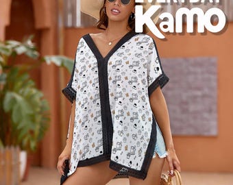 Cute Puppy & Paw Print Beach Cover-Up | V-Neck Batwing Sleeve Sheer Kaftan