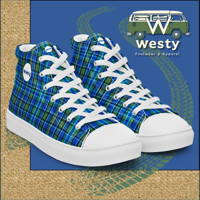May include: A pair of high-top sneakers with a blue, green, and black plaid pattern. The shoes have white laces and a white sole. The brand name "Westy" is on the side of the shoes.