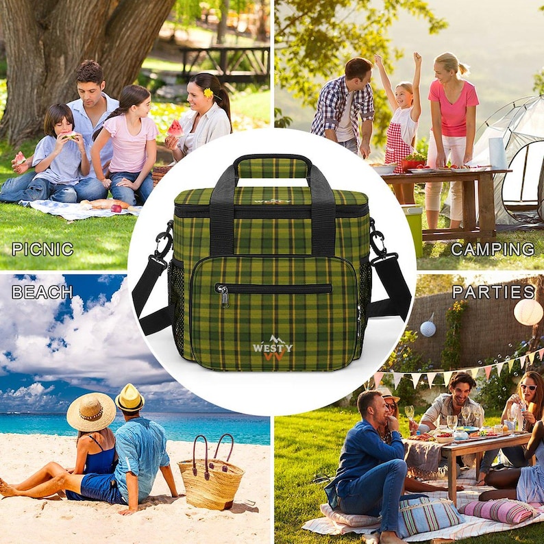 Green Plaid 30-Can Insulated Cooler Bag with Strap image 3