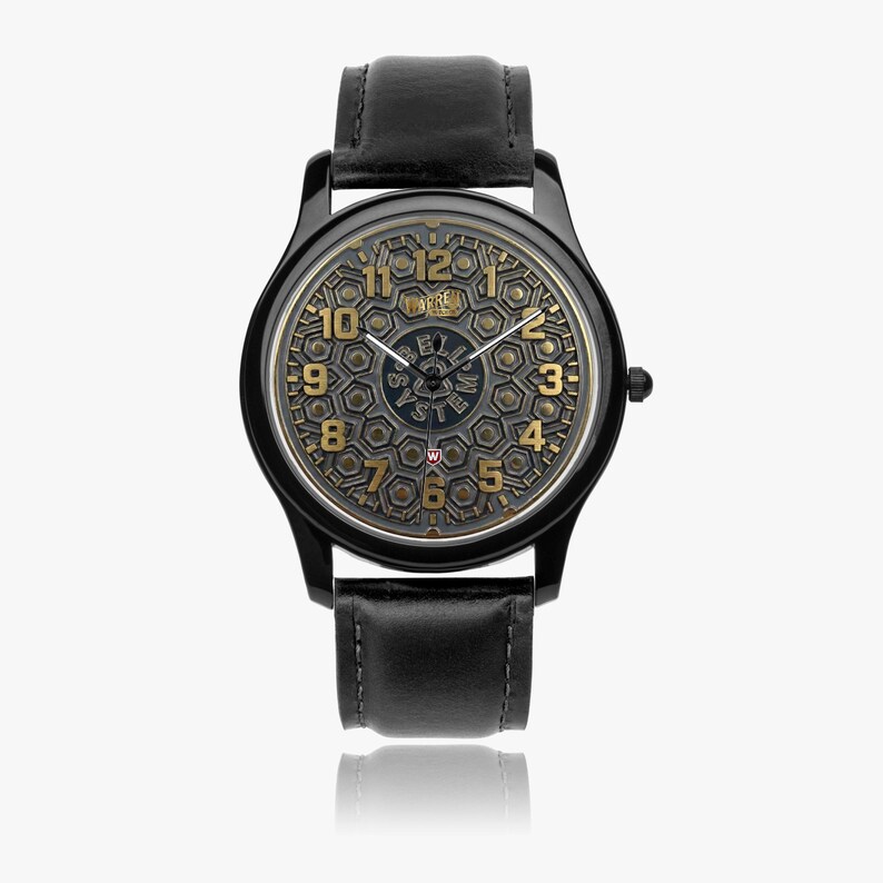 Bell Systems Manhole Cover Black Stainless Steel Watch with 3 Genuine Leather Bands - Japanese Movement image 9