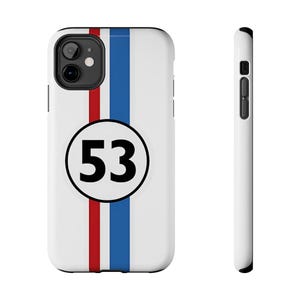 May include: A white smartphone case featuring a vertical red and blue stripe design with a central white circle containing the black number 53. The case displays a dual-camera cutout on the back and a black side profile with button cutouts.