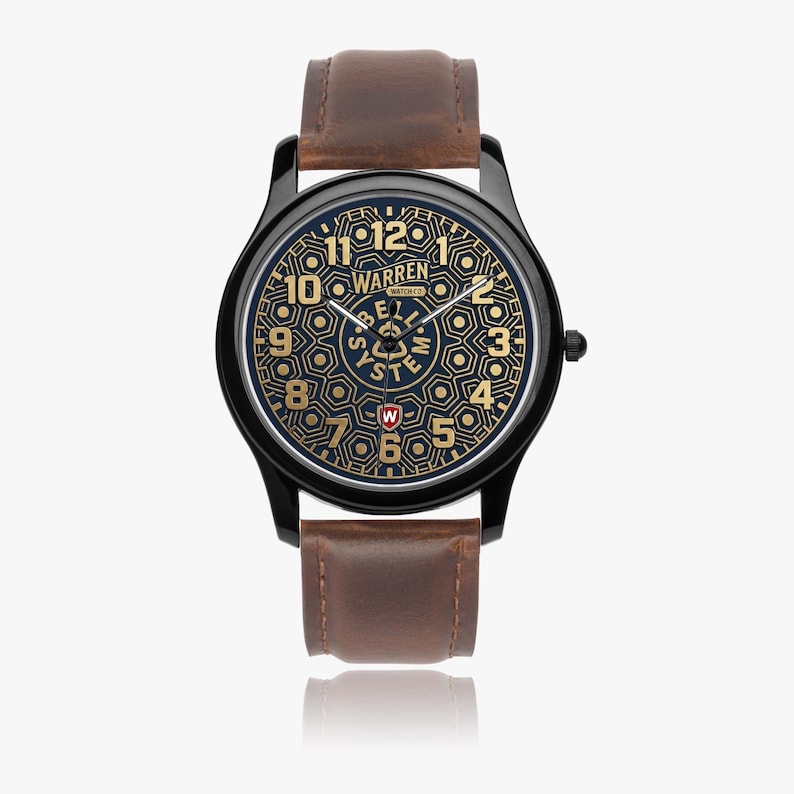 Bell System Manhole Cover Watch - Black Stainless Steel with Leather Bands image 4