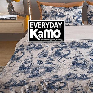 May include: A bed set featuring a white and blue nautical design with ships, sea creatures, and a map-like background. The set includes a comforter, pillows, and a pillowcase. The text "EVERYDAY Kamo" is displayed on the image.