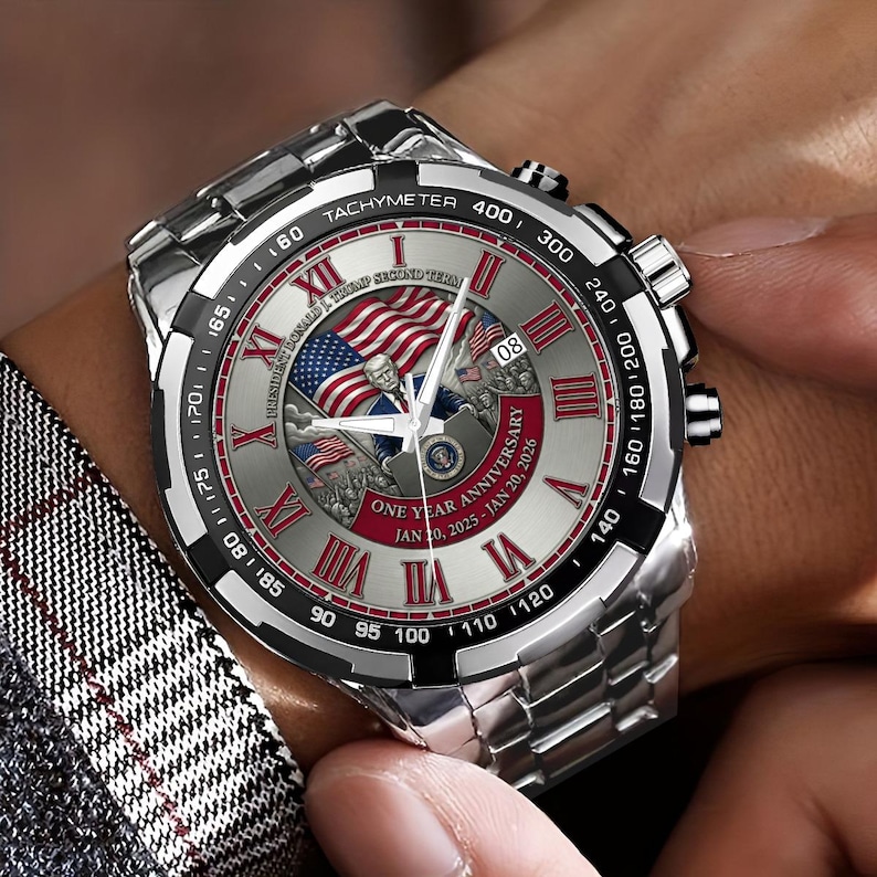 Zegarek z okazji rocznicy prezydentury Donalda Trumpa: chronograf z okazji drugiej rocznicy kadencji Donalda Trumpa z motywem flagi USA zdjęcie 5