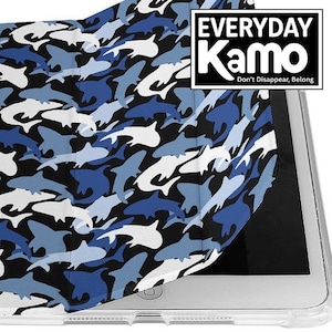 May include: A tablet case with a blue, white, and black shark camouflage pattern. The case features the text "EVERYDAY Kamo" and the tagline "Don't Disappear, Belong" in a black and white rectangular box.