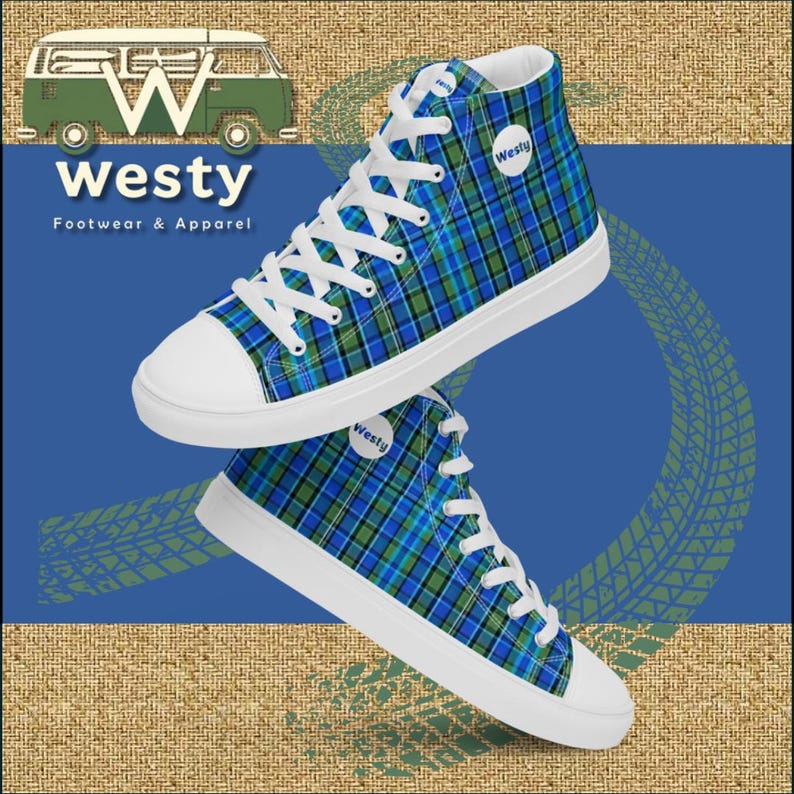 May include: A pair of high-top sneakers with a blue, green, and black plaid pattern. The shoes have white laces and a white sole. The brand name "Westy" is printed on the side of the shoes.