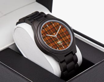 Westy Orange Plaid Wooden Watch | Italian Olive Wood | Van Life Heritage Timepiece | Japanese Citizen Movement | Road Trip Gift