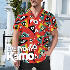 Vibrant Retro Geometric Cuban Collar Shirt for Men | Abstract Button-Up Short Sleeve Summer Top