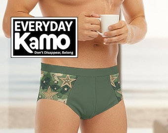Men's Camo Star Low-Rise Briefs | Military Green Spandex Underwear | Comfortable & Stylish