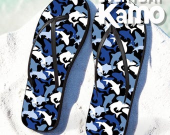 Ocean Camo Shark Flip Flops - Custom Women's Beach Sandals