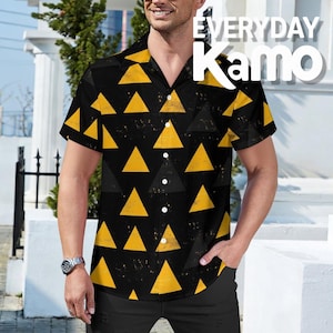 Men's Geometric Triangle Print Cuban Collar Shirt | Black & Yellow Cotton Button Up | Casual Summer Resort Wear | Unique Gift