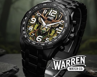 Black Stag Chronograph | Stainless Metal Band | Crystal Mirror | Gift for Him