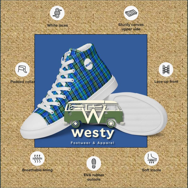 May include: High-top sneakers with a blue and green plaid pattern. The shoes have white laces and a white sole. The brand name "Westy" is printed on the side of the shoe. The text "Footwear & Apparel!" is printed below the brand name.